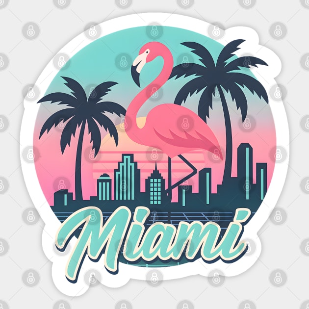 Retro Miami Flamingo Design with Neon Skyline and Palm Trees in Sunset Colors Sticker by WarFX Designs